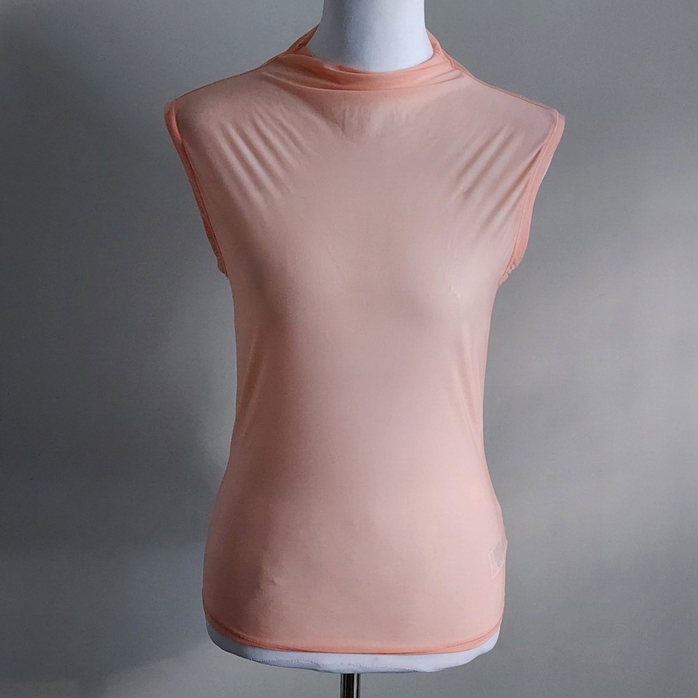 Athleta Mesh Mock Neck Tank Womens Medium Peach Sheer Stretch Yoga Top Gym Run